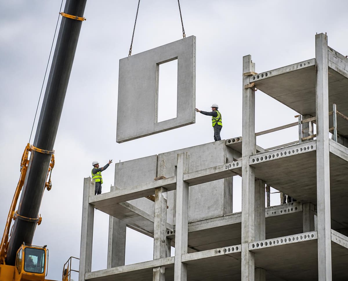 A crane lowers a precast concrete wall panel onto a precast frame building as two workers guide it into place